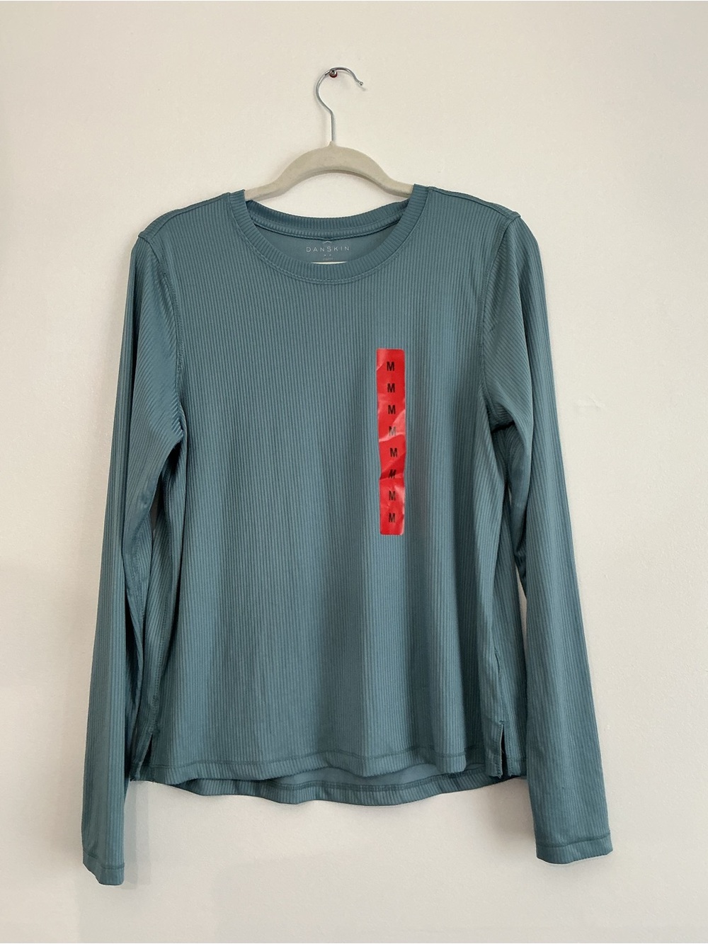 Danskin Long Sleeve Ribbed Tee in Teal Blue with Red Accent